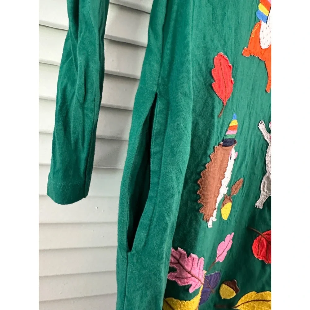 Mini Boden Size 7-8 Green Fall Autumn Forest Animals Applique Long Sleeve Dress